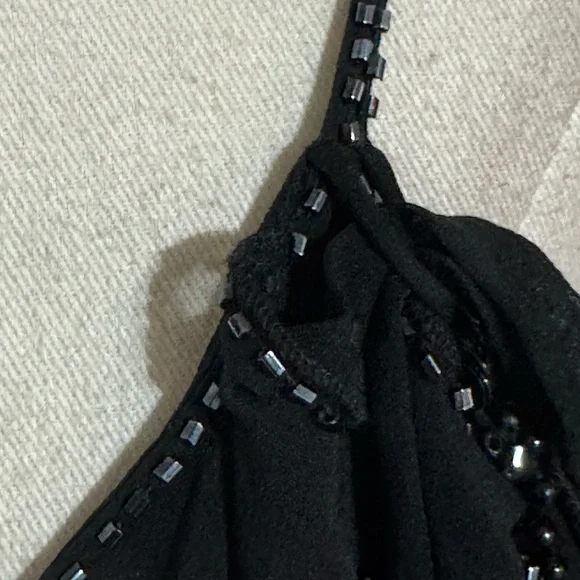 CACHE 100% Silk Black Asymmetrical Midi Dress Y2K 90’s 2 Beaded Sleeveless Party - Picture 6 of 8
